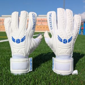 Guantes de portero Celestial Guardian blancos y azules con corte roll negativo
